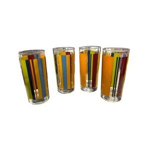 Vintage 1960s Highball Glasses Set Of 4 With Colorful Vertical Stripes MCM Style